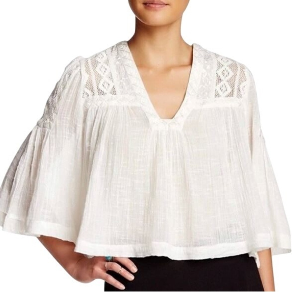 Free People Women's Size Medium White Cotton Lace Detail Boho Peasant Blouse Top